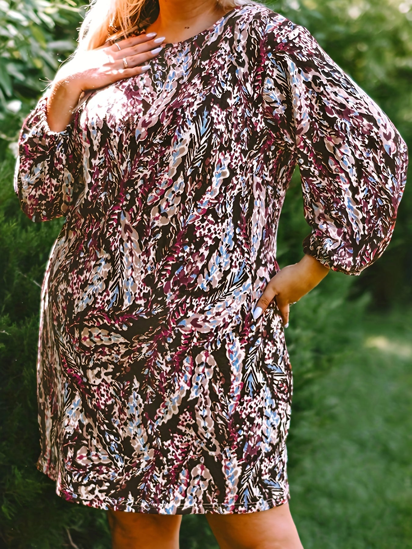 Casual Dress Women's Plus Allover Print Lantern Sleeve Round Neck Loos
