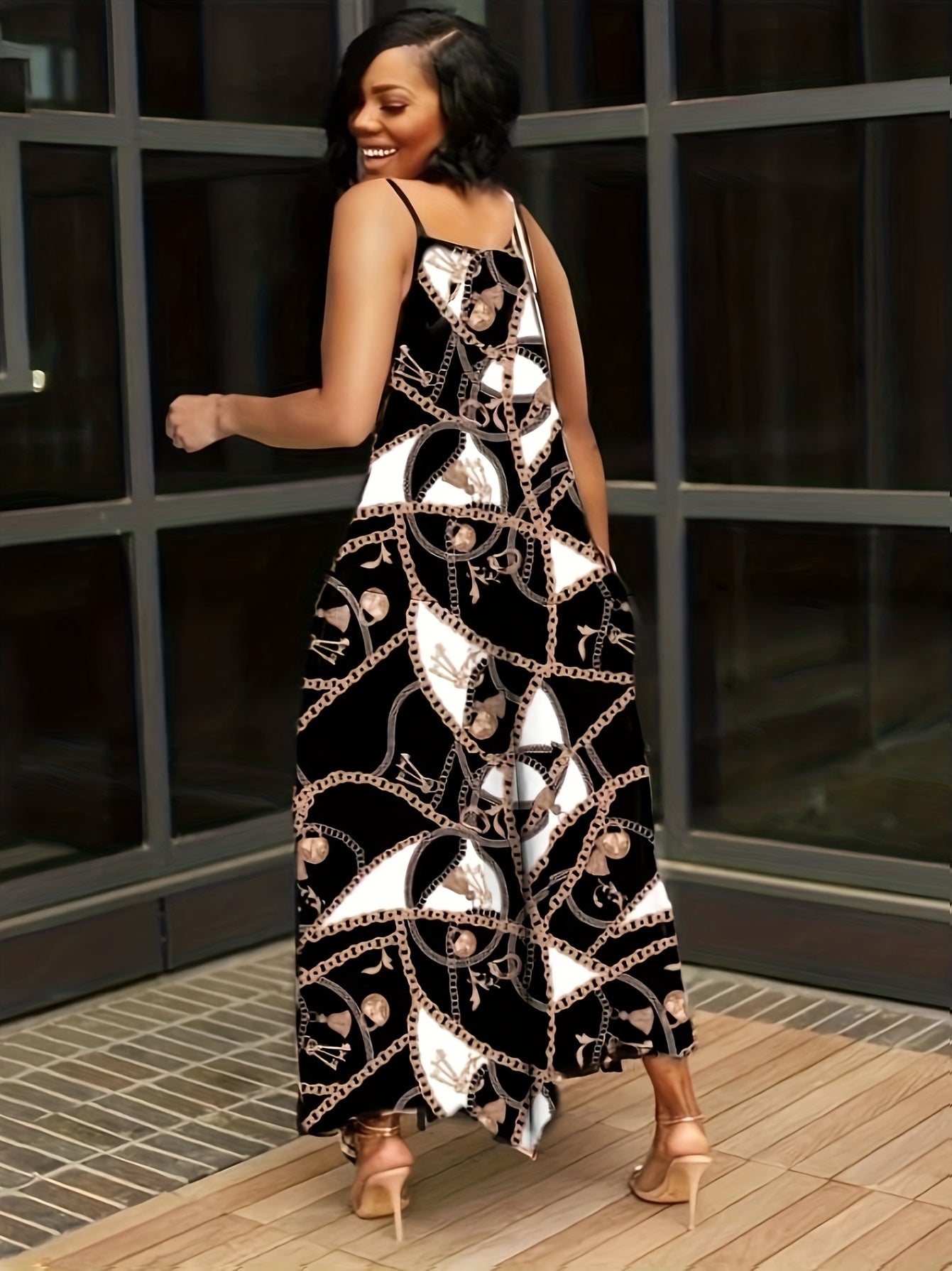 Sexy Dress Women's Plus Colorblock Chain Print V Neck Cami Maxi Dress