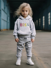 Girls Alphabets Pattern Hooded Sweatshirt Solid Sweatpants Set Kids Clothes