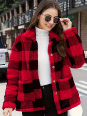 Plaid Print Teddy Coat Long Sleeve Winter Outwear