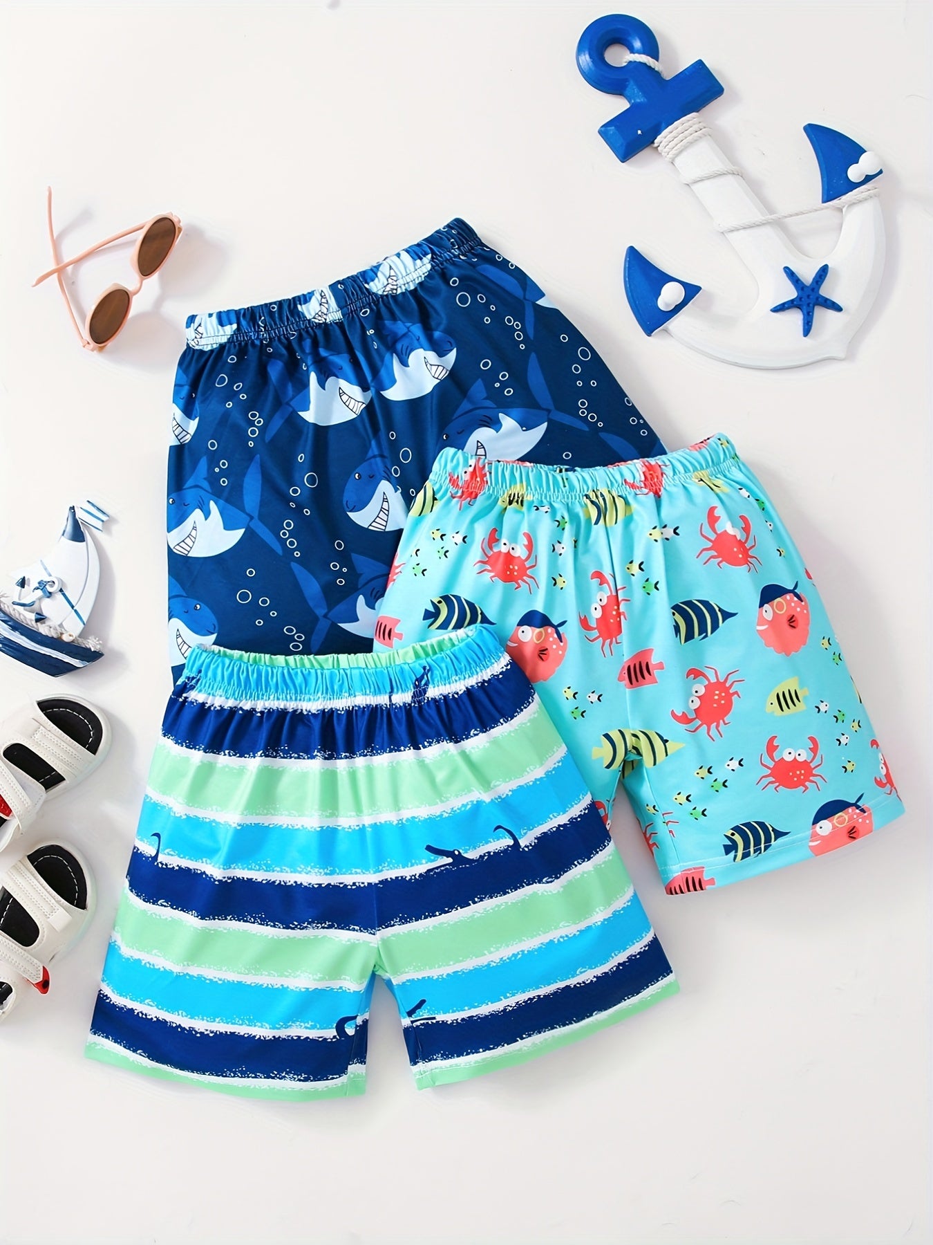 Boys Cartoon Crab Shark Striped Casual Shorts for Kids Summer Vacation Beach
