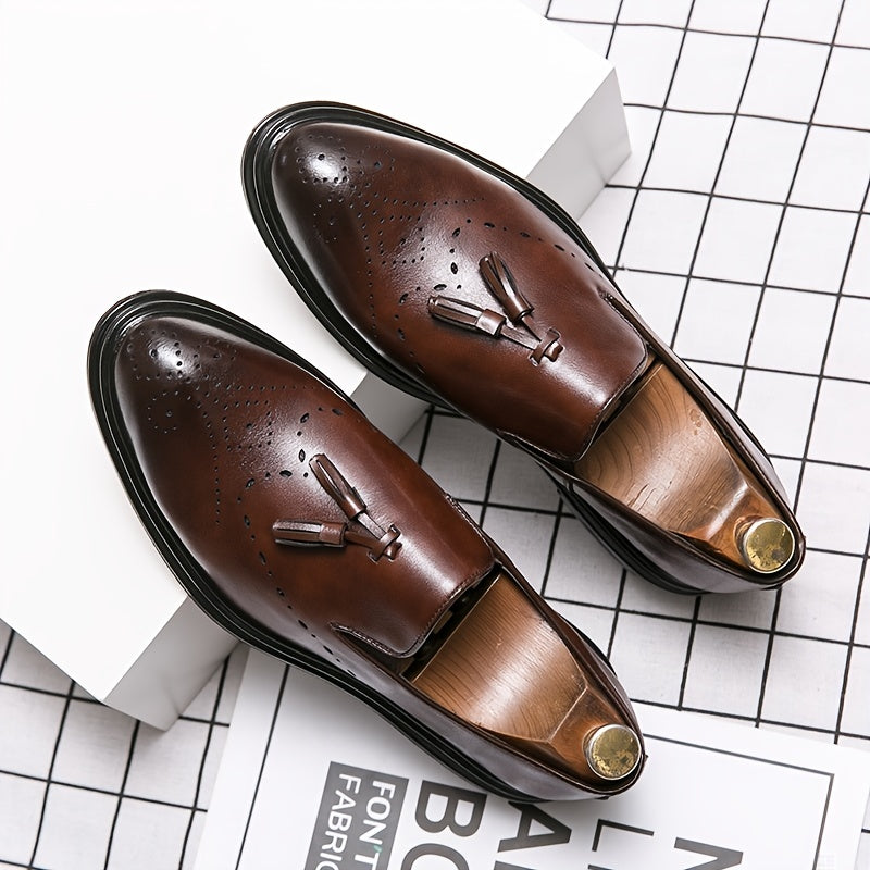 Men's Pointed Toe Brogue Faux Leather Tassel Dress Shoes