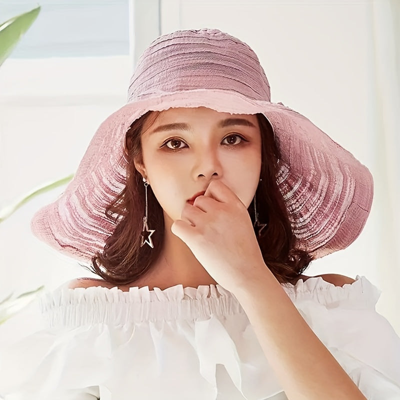 Wide Brim Floppy Sun Hat Flower Decor Striped Crinkle Bucket Hat