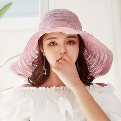 Wide Brim Floppy Sun Hat Flower Decor Striped Crinkle Bucket Hat