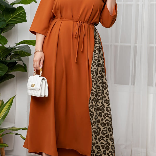 Colorblock Leopard Print Kaftan Maxi Dress with Belt