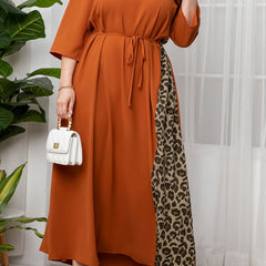 Colorblock Leopard Print Kaftan Maxi Dress with Belt