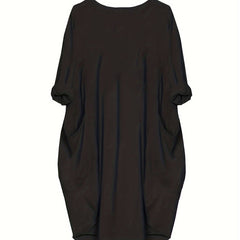Solid Long Sleeve Round Neck Dress With Pockets
