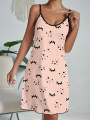 Eyelash Print Nightdress Crew Neck Spaghetti Strap Sleep Dress Women's Sleepwear