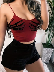 Grunge Skeleton Print Spaghetti Top Sexy Sleeveless Cropped Summer Top