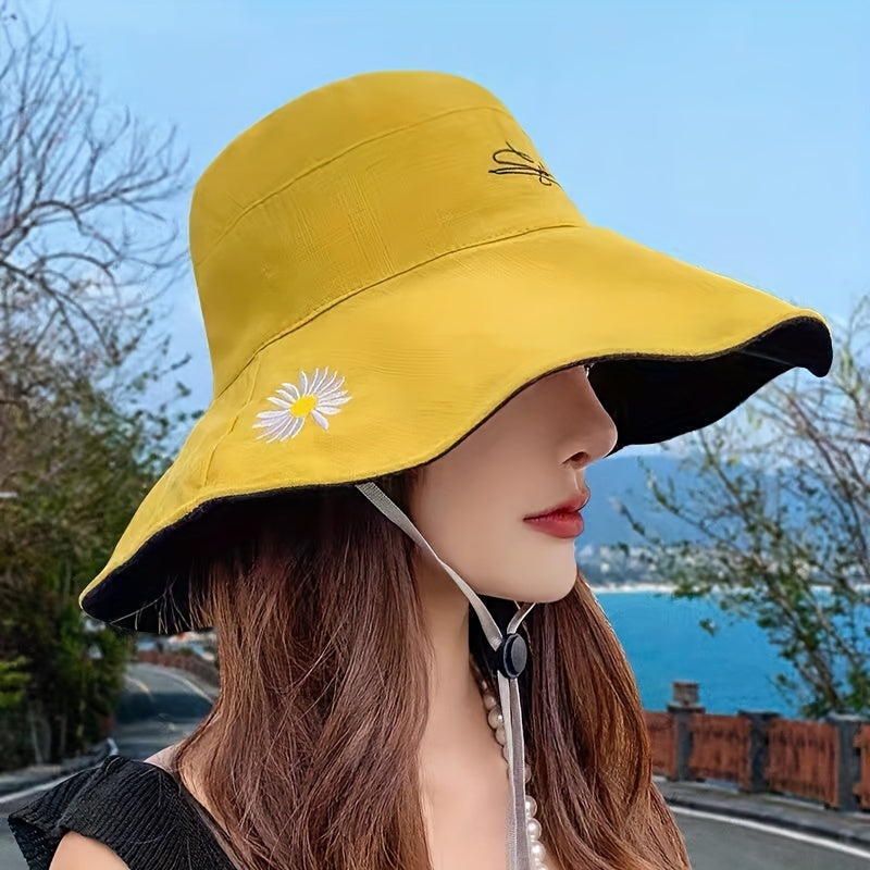 Daisy Embroidery Sun Hat Wide Brim Bucket Hat