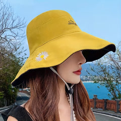 Daisy Embroidery Sun Hat Wide Brim Bucket Hat