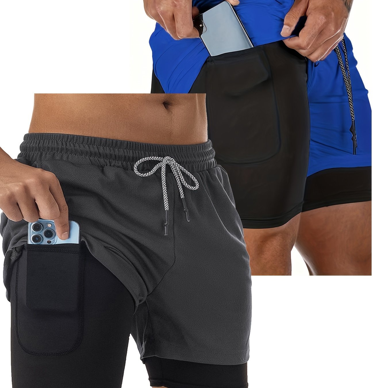 2pcs 2 in 1 Men's Stretch Sports Shorts with Inner Pocket for Gym Workout