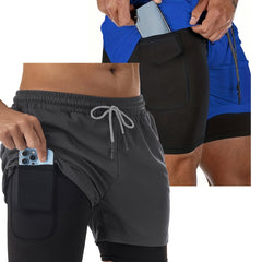 2pcs 2 in 1 Men's Stretch Sports Shorts with Inner Pocket for Gym Workout