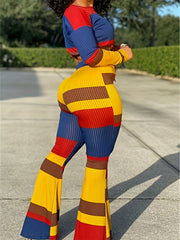 Colorblock Ribbed Crop Top & Flared Leg Pants Set