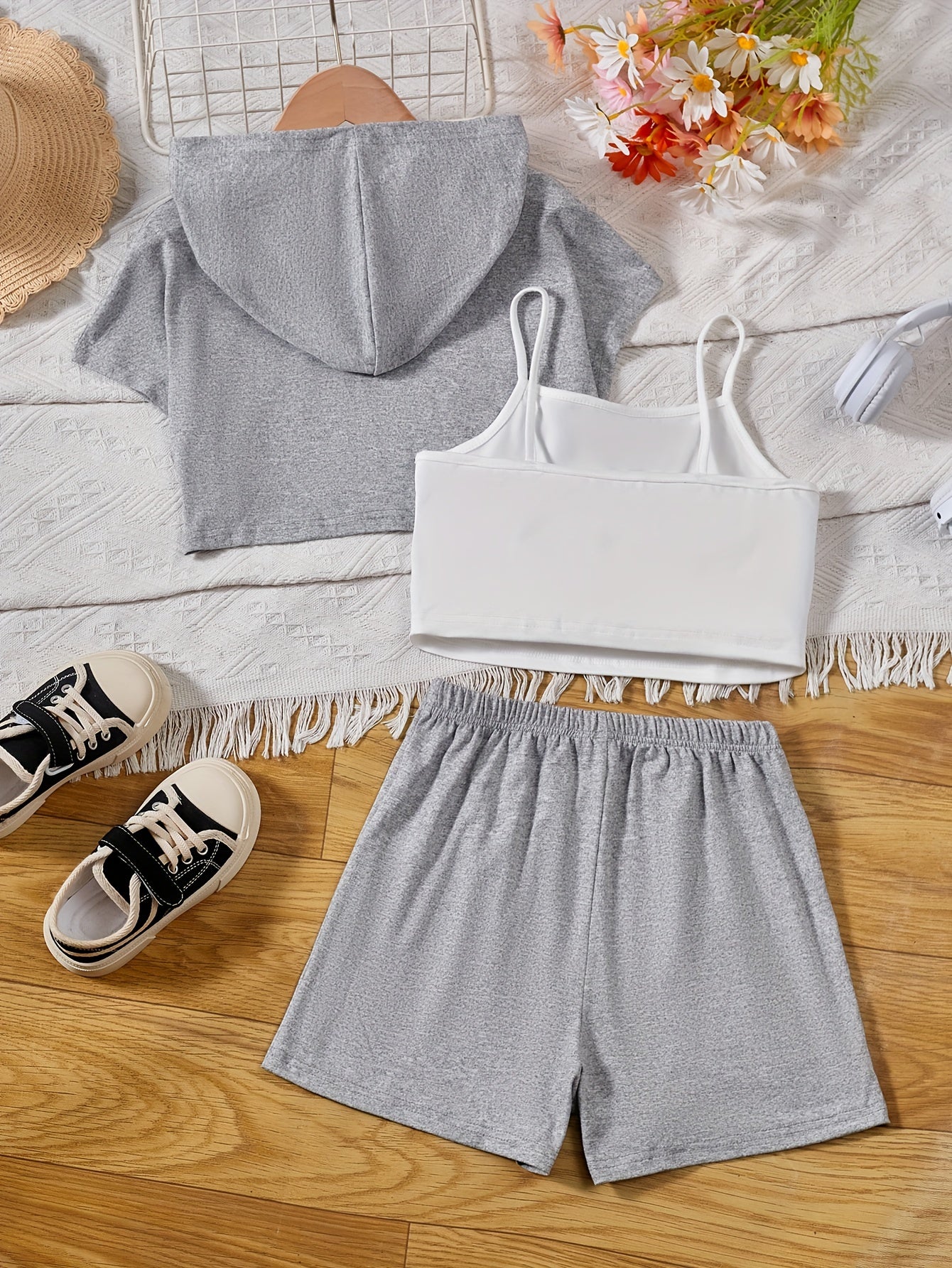Girl's 3pcs Hooded T shirt & Camisole & Shorts Set CALIFORNIA Patched