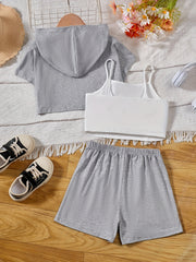 Girl's 3pcs Hooded T shirt & Camisole & Shorts Set CALIFORNIA Patched