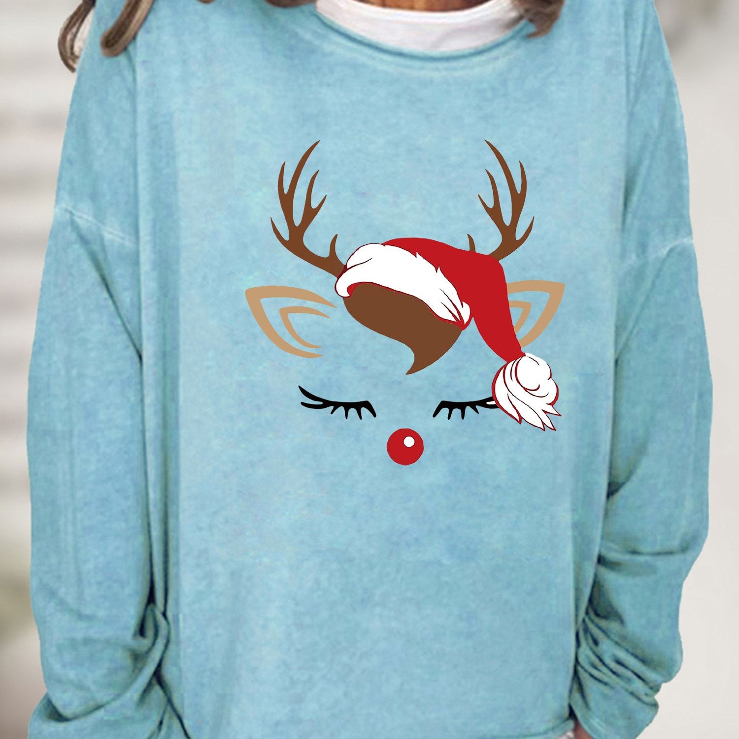 Christmas Elk Print Sweatshirt Crew Neck Long Sleeve Casual Women's Clothing