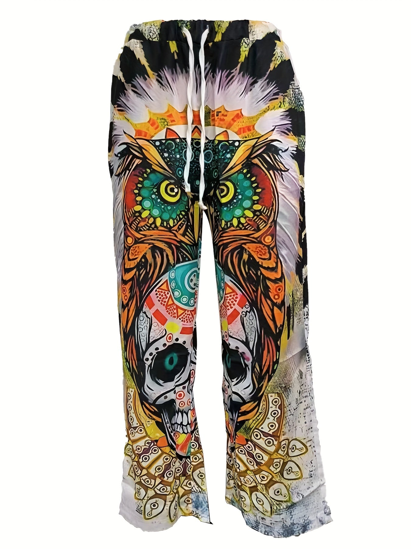 Men's Casual Pattern Printed Loose Wide Leg Trousers Side Pocket Pants