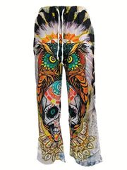 Men's Casual Pattern Printed Loose Wide Leg Trousers Side Pocket Pants