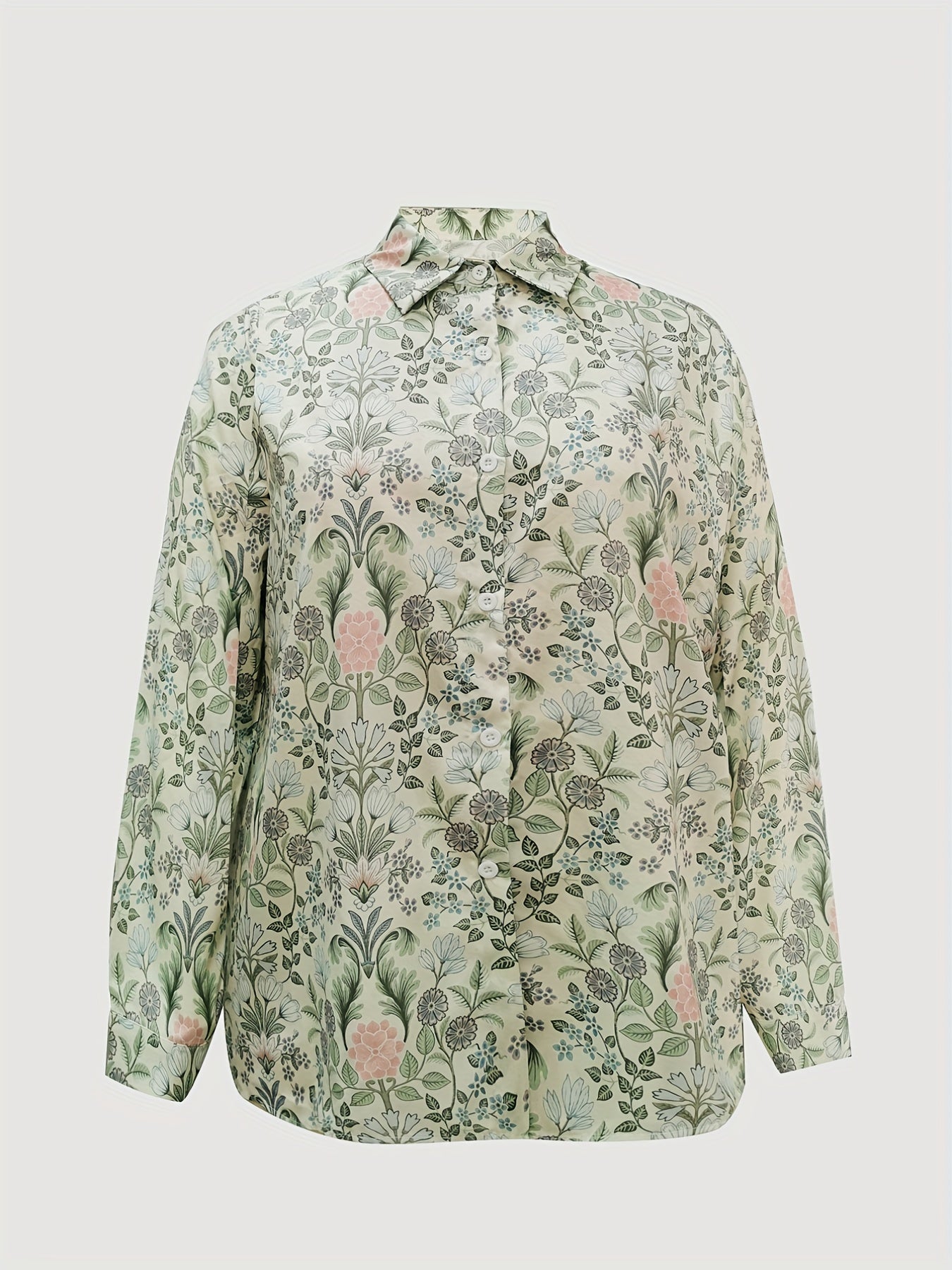Casual Top Women's Plus Floral Print Button Up Long Sleeve Blouse