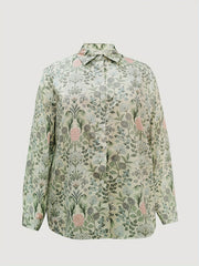 Casual Top Women's Plus Floral Print Button Up Long Sleeve Blouse