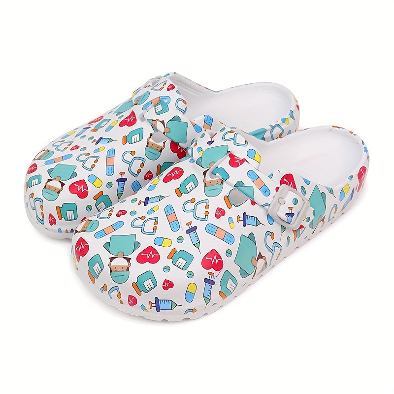 Women's Cartoon Doctor Print Clogs Lightweight Hollow Out Garden Shoes
