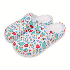 Women's Cartoon Doctor Print Clogs Lightweight Hollow Out Garden Shoes