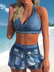 Denim Print Bikini Set Halter Bra & Tie Front Shorts Swimsuit