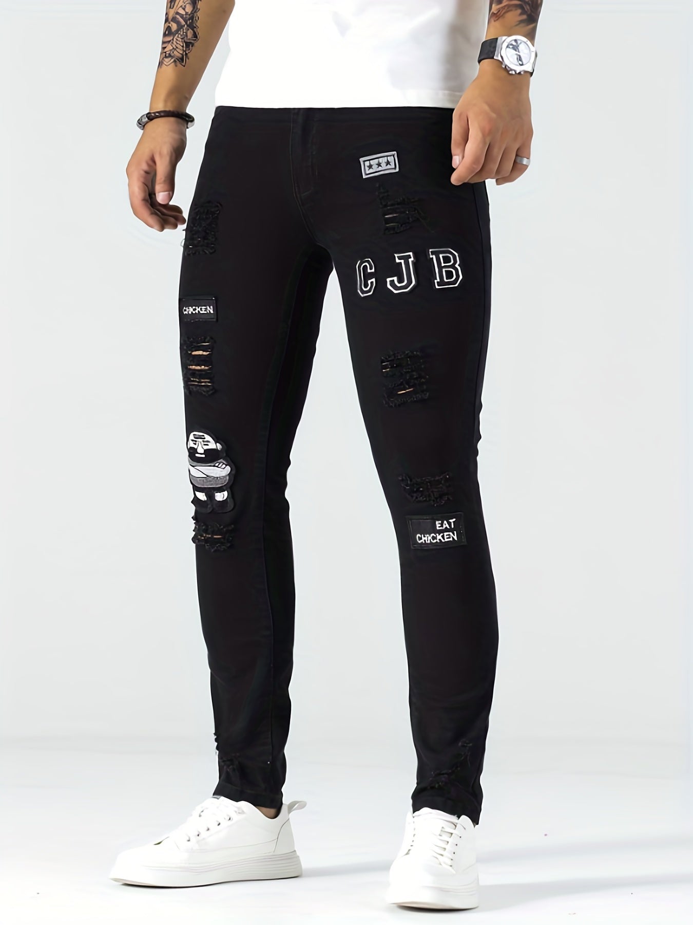 Slim Fit Ripped Embroidery Biker Jeans Mens Casual Street Style Stretch Denim