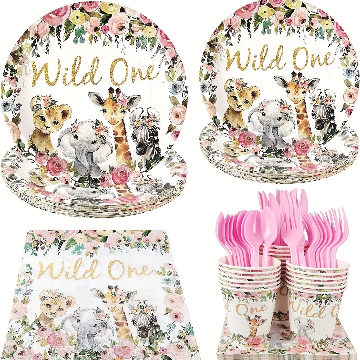 Wild One Birthday Party Supplies - 20 Plates & 20 Napkins for Girls
