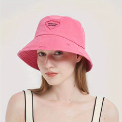 Heart Patch Pink Bucket Hat Washed Casual Lightweight Outdoor Fisherman Cap