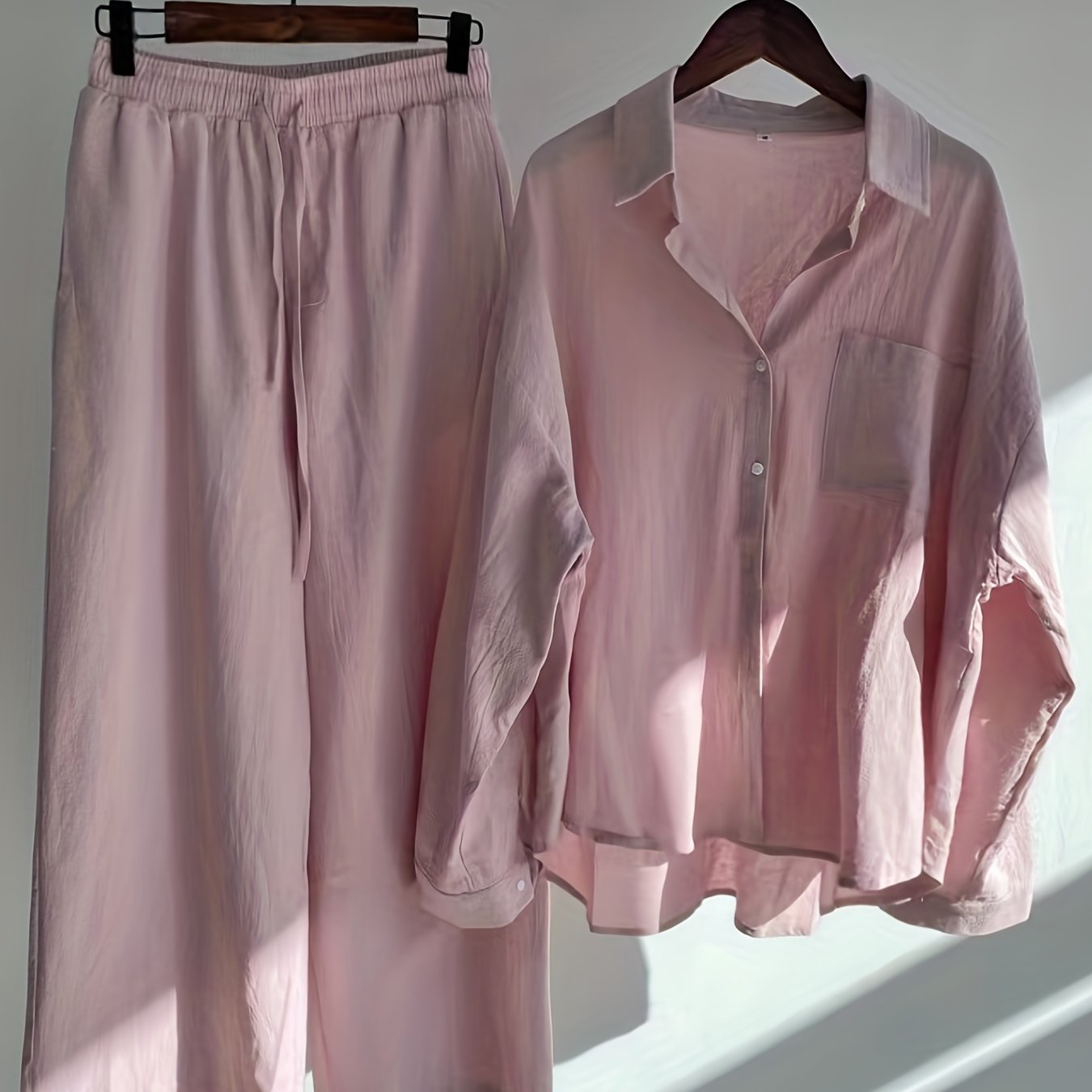 Button Front Long Sleeve Shirt & Drawstring Wide Leg Set