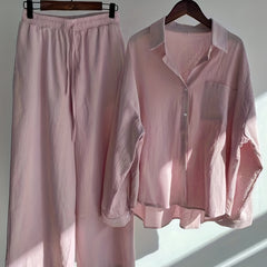 Button Front Long Sleeve Shirt & Drawstring Wide Leg Set