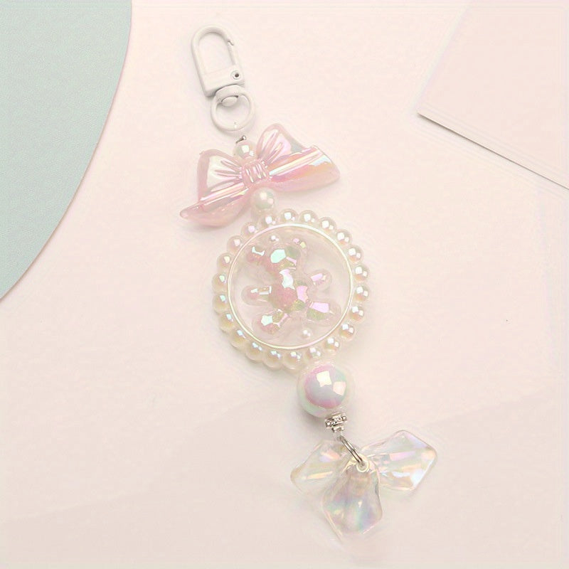 Cute Bear Keychain with Bow Knot and Beaded Shell Pendant for Girls