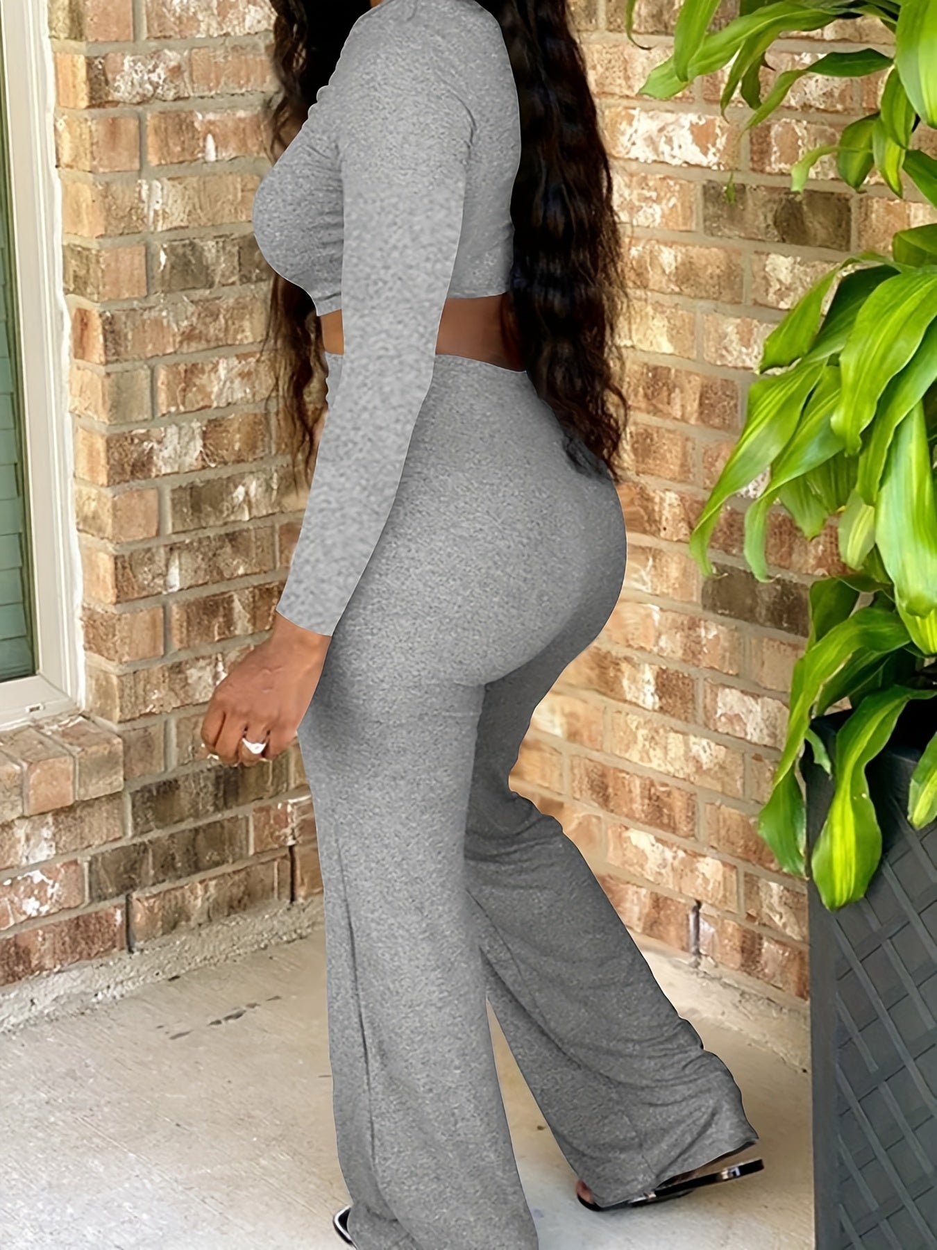 Solid Ruched Crop Top & Pants Set