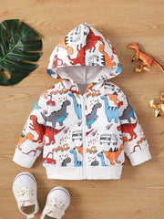 Boy Dinosaur Print Hooded Jacket, Sports Cardigan