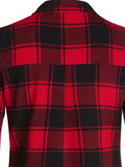Plaid Print Roll Up Sleeve Notched Neck Blouse