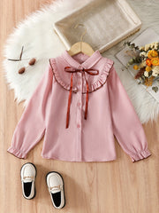 Girls Preppy Shirt Ruffle Trim Turn Down Collar Striped Blouse Top
