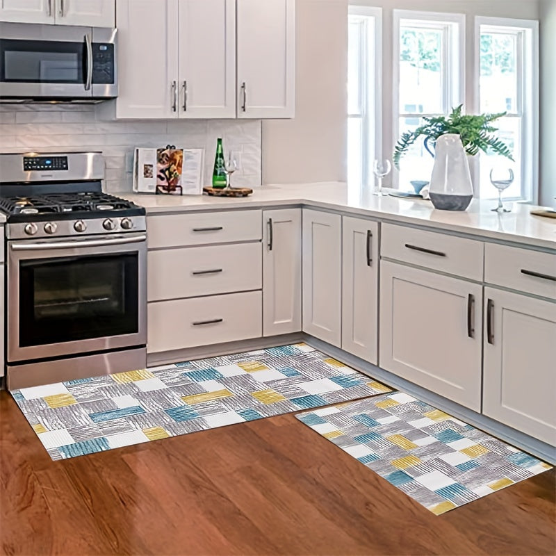 2pcs Boho Plaid Kitchen Rugs Absorbent Non Slip Stain Resistant