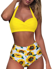 Sunflower Print Bikini Set Halter Neck High Waist Two Piece Swimsuit