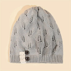 Women's Hollow Knit Beanie Hat Button Decor Warm Cap