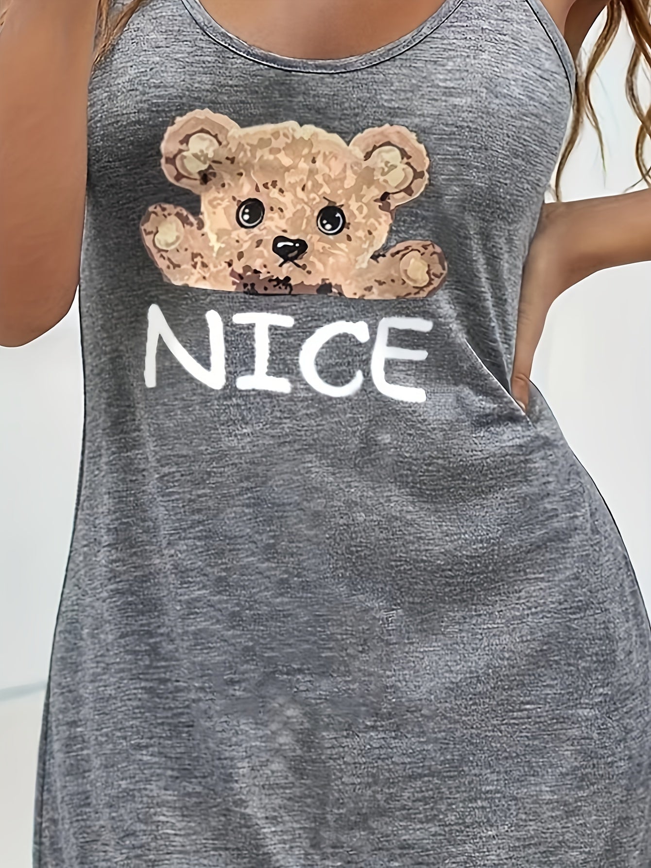 Bear Print Nightdress Crew Neck Sleep Dress Women's Sleepwear