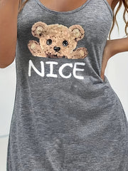 Bear Print Nightdress Crew Neck Sleep Dress Women's Sleepwear