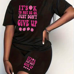 Smiley Face & Slogan Print Top & Shorts Set