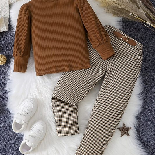 Girl's Ribbed Turtleneck Top & Plaid Pants Set for Spring Fall