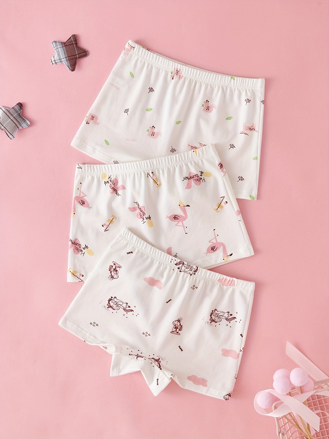 3pcs Girls Boxer Briefs Elastic Waist Cartoon Animals Print Underwear