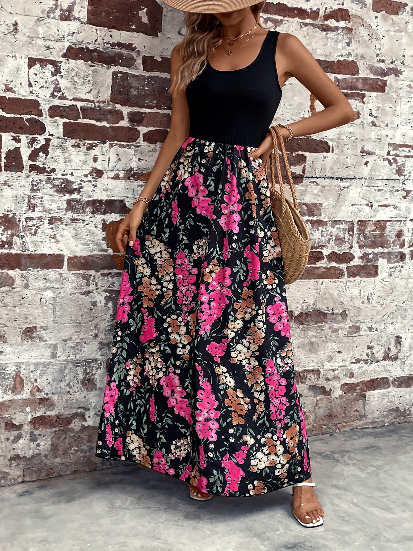 Floral Print Splicing Tank Dress Sleeveless Maxi Dress Women's Clothing