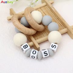Personalized Wooden Teether Ring with Silicone Beads