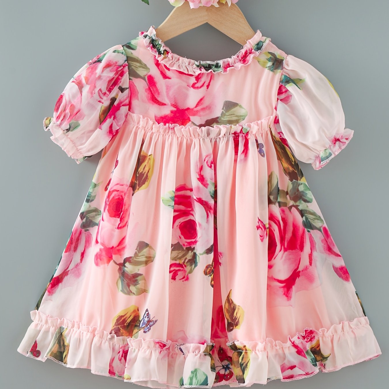 Baby Girls Rose Print Dress with Ruffle Sleeve for Summer
