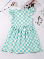 Toddler Girls Ruffled Sleeves Smile Face Flowers Plaid Dress